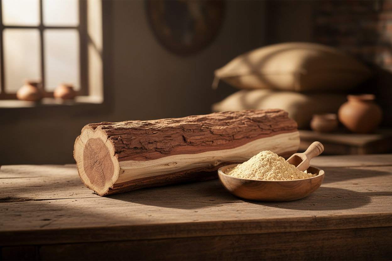 image where raw sandalwood log is placed on the table with little sandalwood power in the blow 