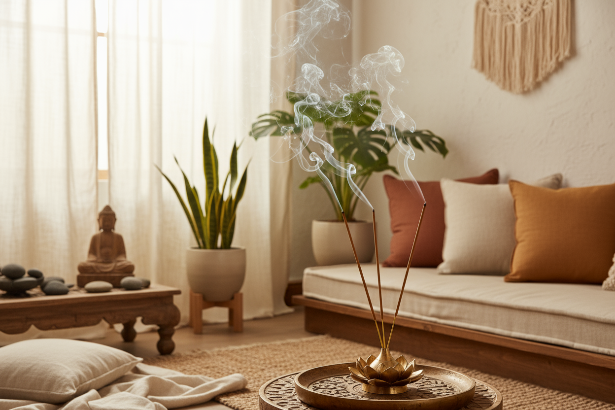 Living room with a Buddha statue, plants, and a diffuser emitting steam and sandalwood incense stick burning.