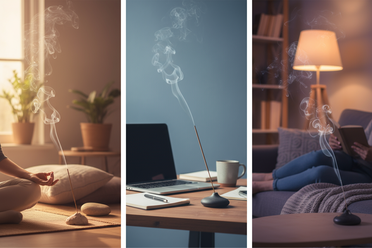 Three scenes showing incense sticks with smoke: a person meditating, a laptop on a desk, and a person reading.